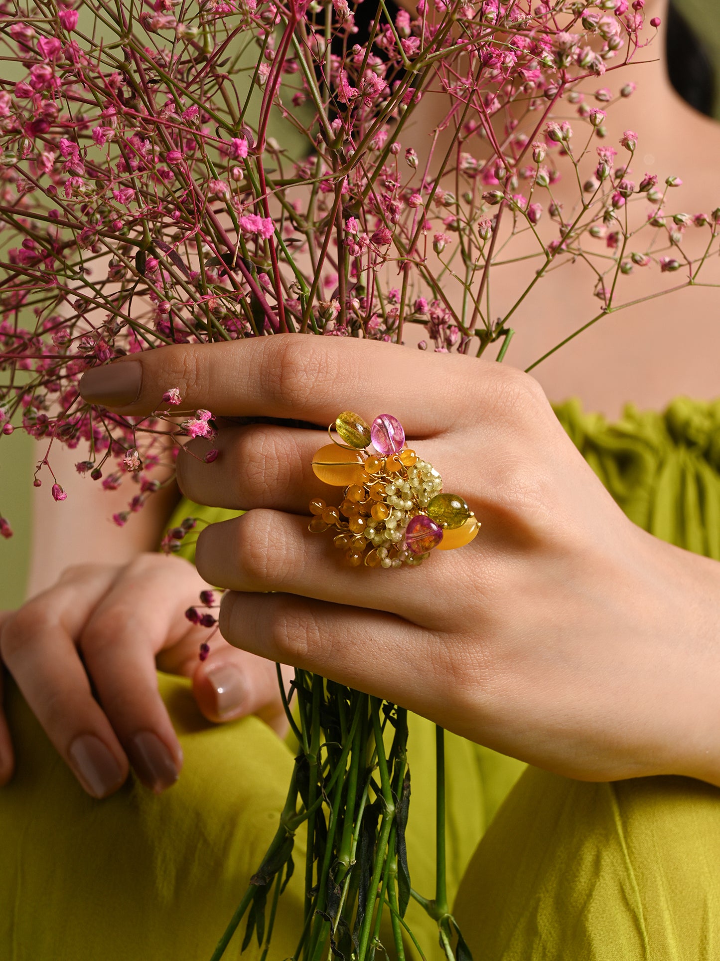 Colourful Stone Haldi Mehendi Adjustable Ring