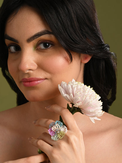 Colourful Floral Crystal Adjustable Ring
