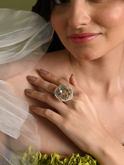 Pearl And Crystal Floral Round Finger Ring For Women