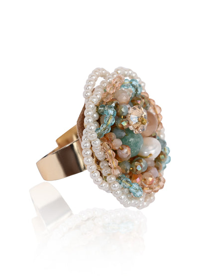 Pearl And Crystal Floral Round Finger Ring For Women