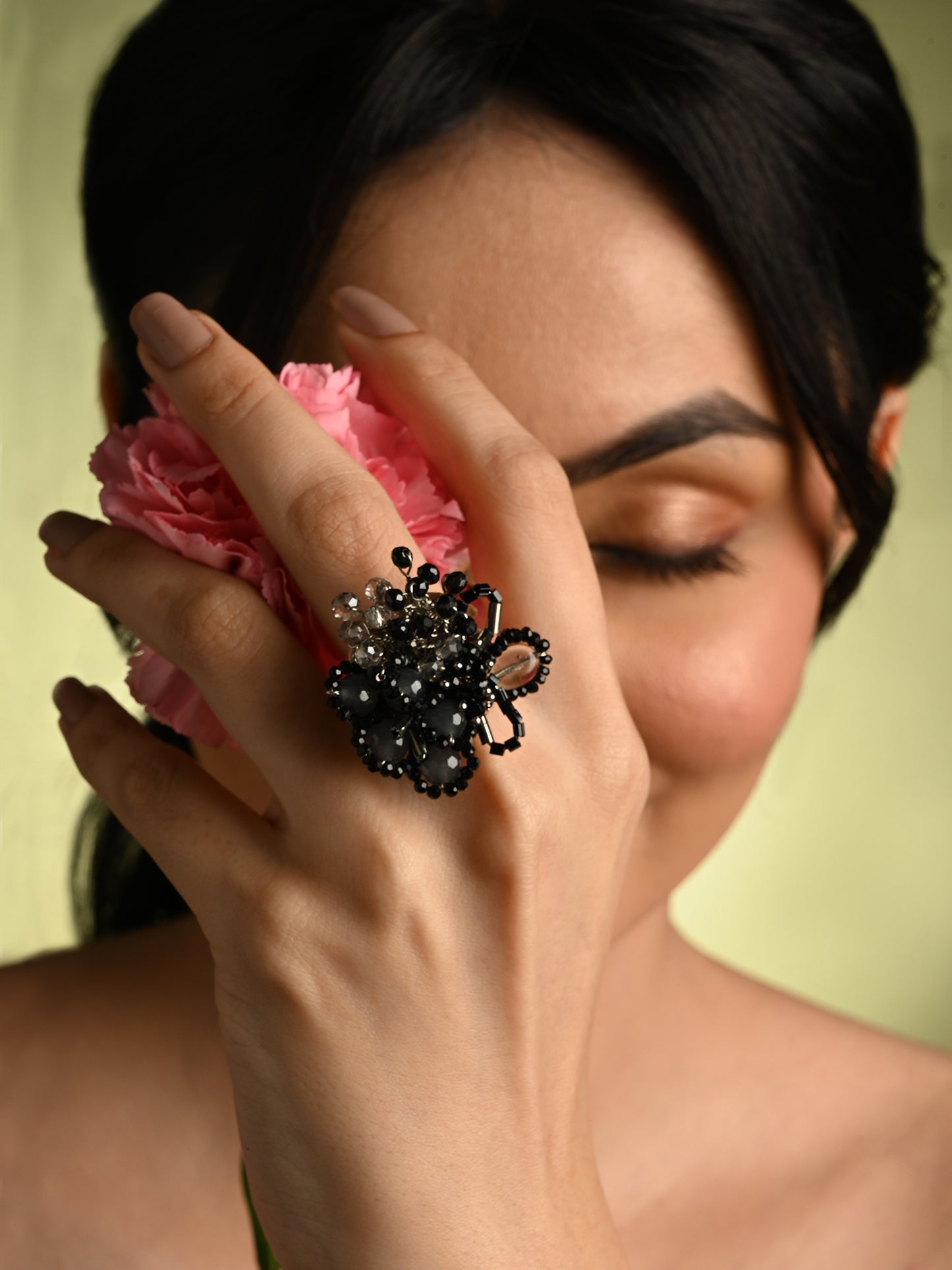 Jet Black And Grey Stone Crytsal Round Adjustable Ring