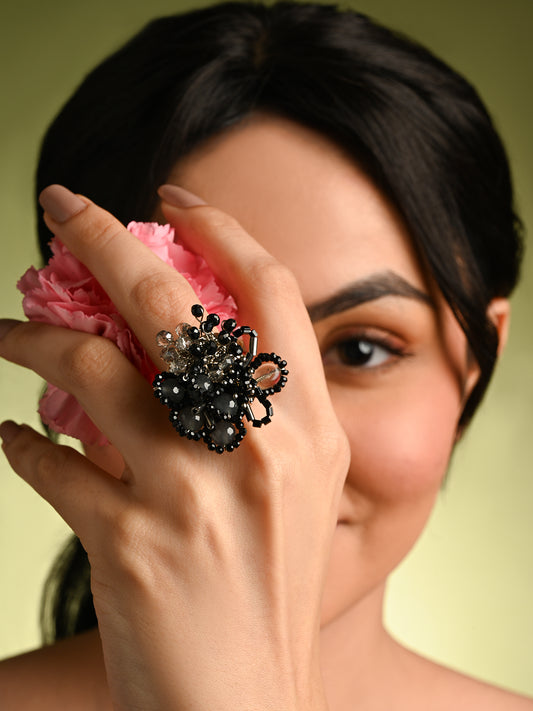 Jet Black And Grey Stone Crytsal Round Adjustable Ring