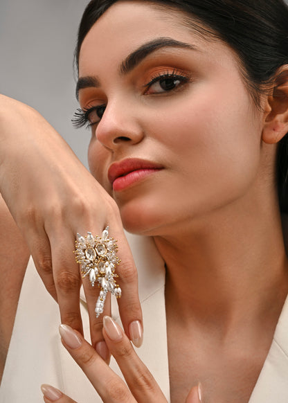White Kundan Rose Gold Ring  Statement Kundan Ring D’oro
