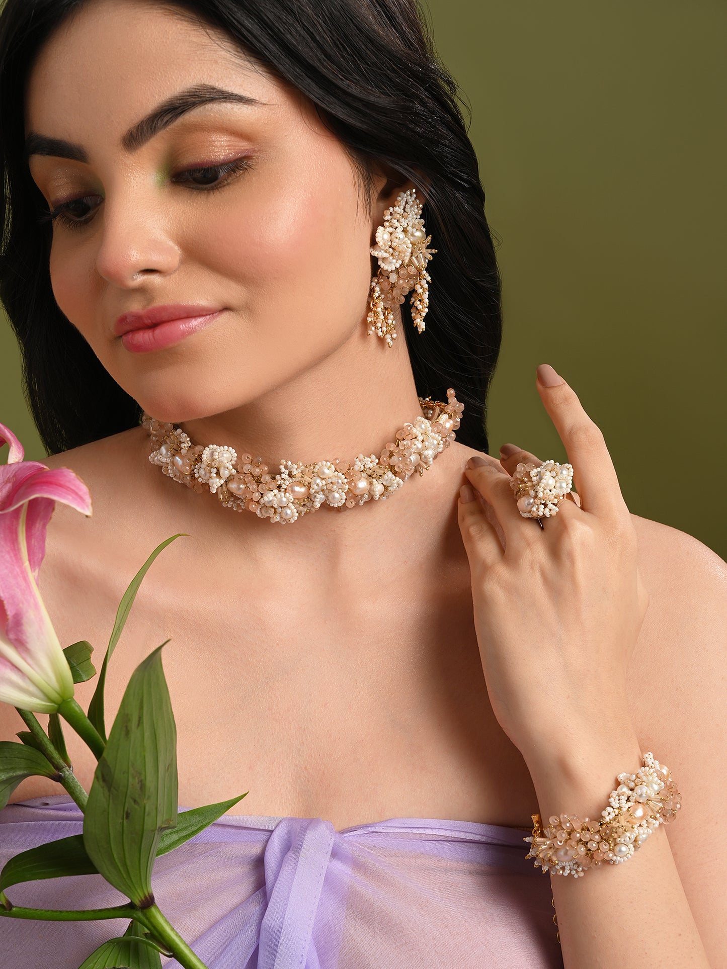 Gold Plated White Pearl Peach Stone Modern Choker Set Of 4