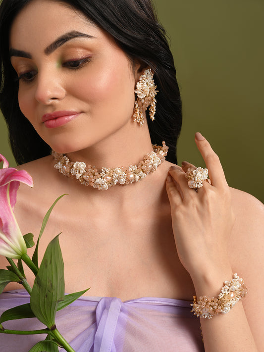 Gold Plated White Pearl Peach Stone Modern Choker Set Of 4