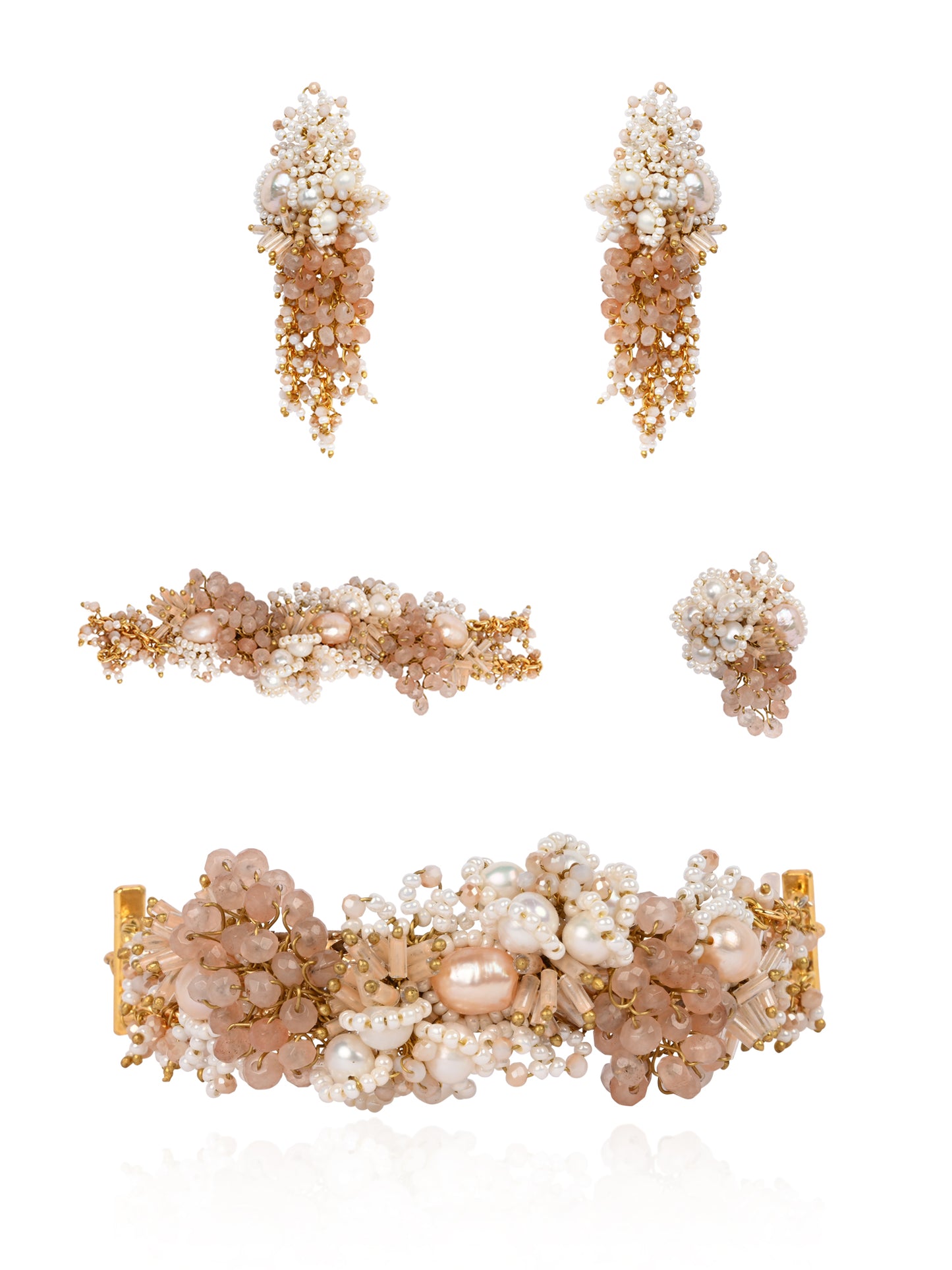 Gold Plated White Pearl Peach Stone Modern Choker Set Of 4