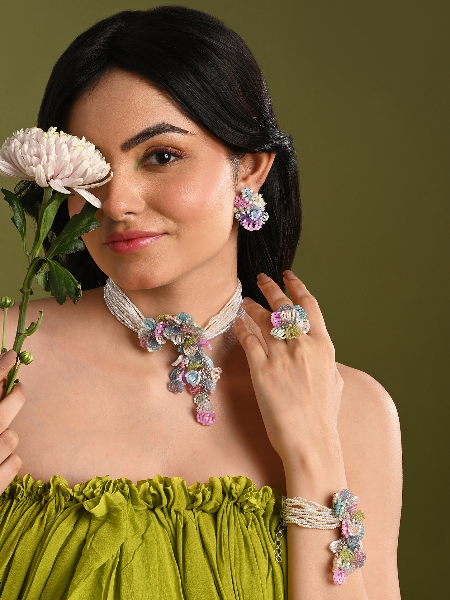 Pearl Necklace With Colourful Crystal Flower Bunch Pendant Earrings Bracelet Ring