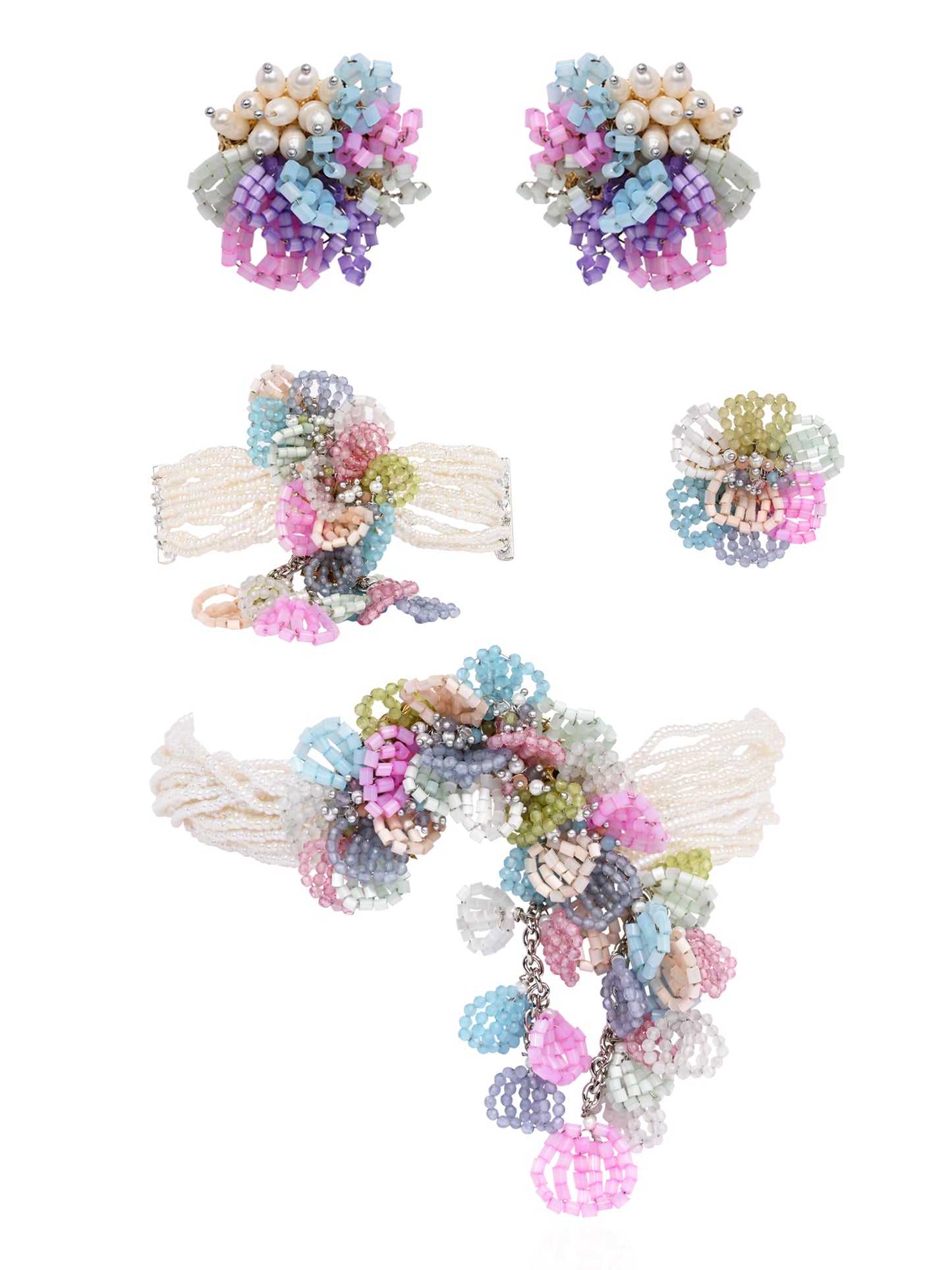 Pearl Necklace With Colourful Crystal Flower Bunch Pendant Earrings Bracelet Ring