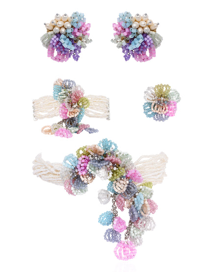 Pearl Necklace With Colourful Crystal Flower Bunch Pendant Earrings Bracelet Ring