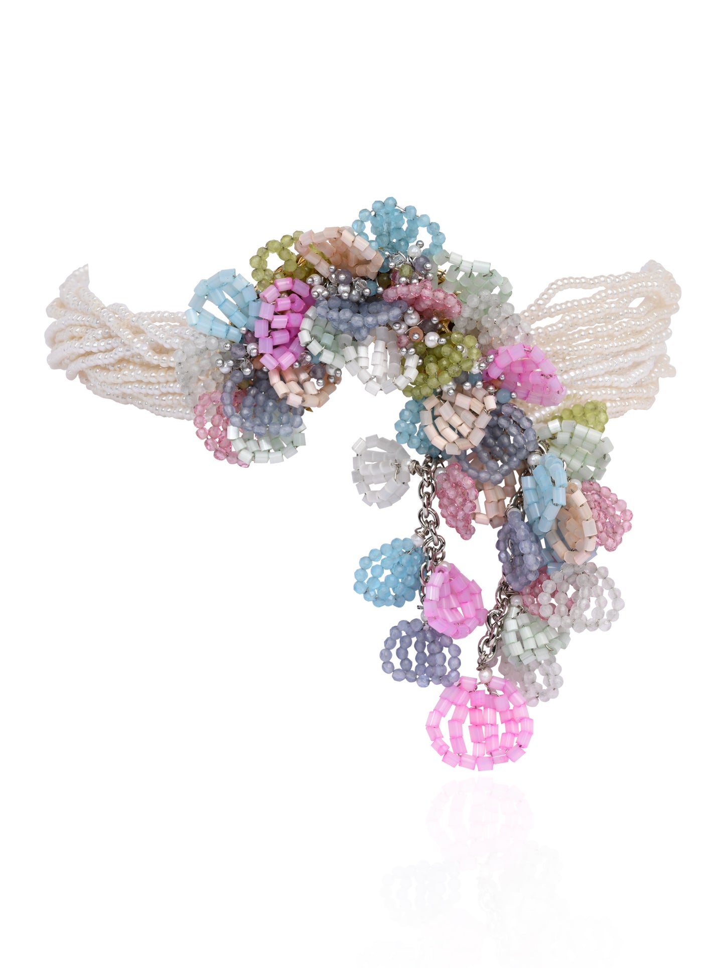 Pearl Necklace With Colourful Crystal Flower Bunch Pendant Earrings Bracelet Ring