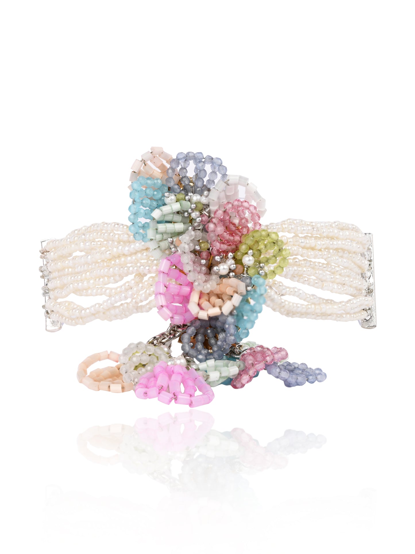 Pearl Necklace With Colourful Crystal Flower Bunch Pendant Earrings Bracelet Ring