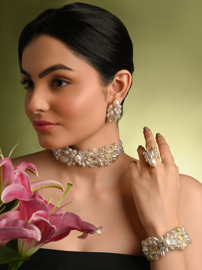 White Pearl And Stone Butterfly Choker Set Of 4 Engagement Trendy Jewelry