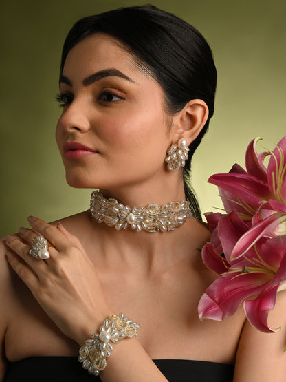 White Pearl And Stone Butterfly Choker Set Of 4 Engagement Trendy Jewelry