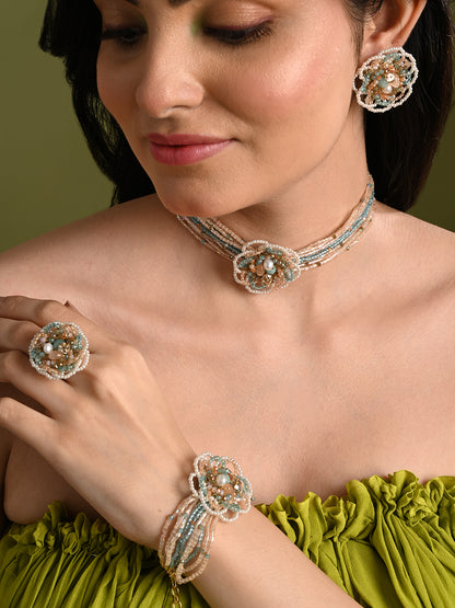 Multicolour Flower Pearl Beaded Stone Choker Earrings Ring & Bracelet