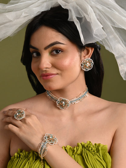 Multicolour Flower Pearl Beaded Stone Choker Earrings Ring & Bracelet