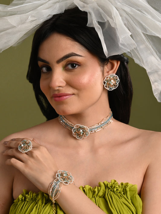 Multicolour Flower Pearl Beaded Stone Choker Earrings Ring & Bracelet
