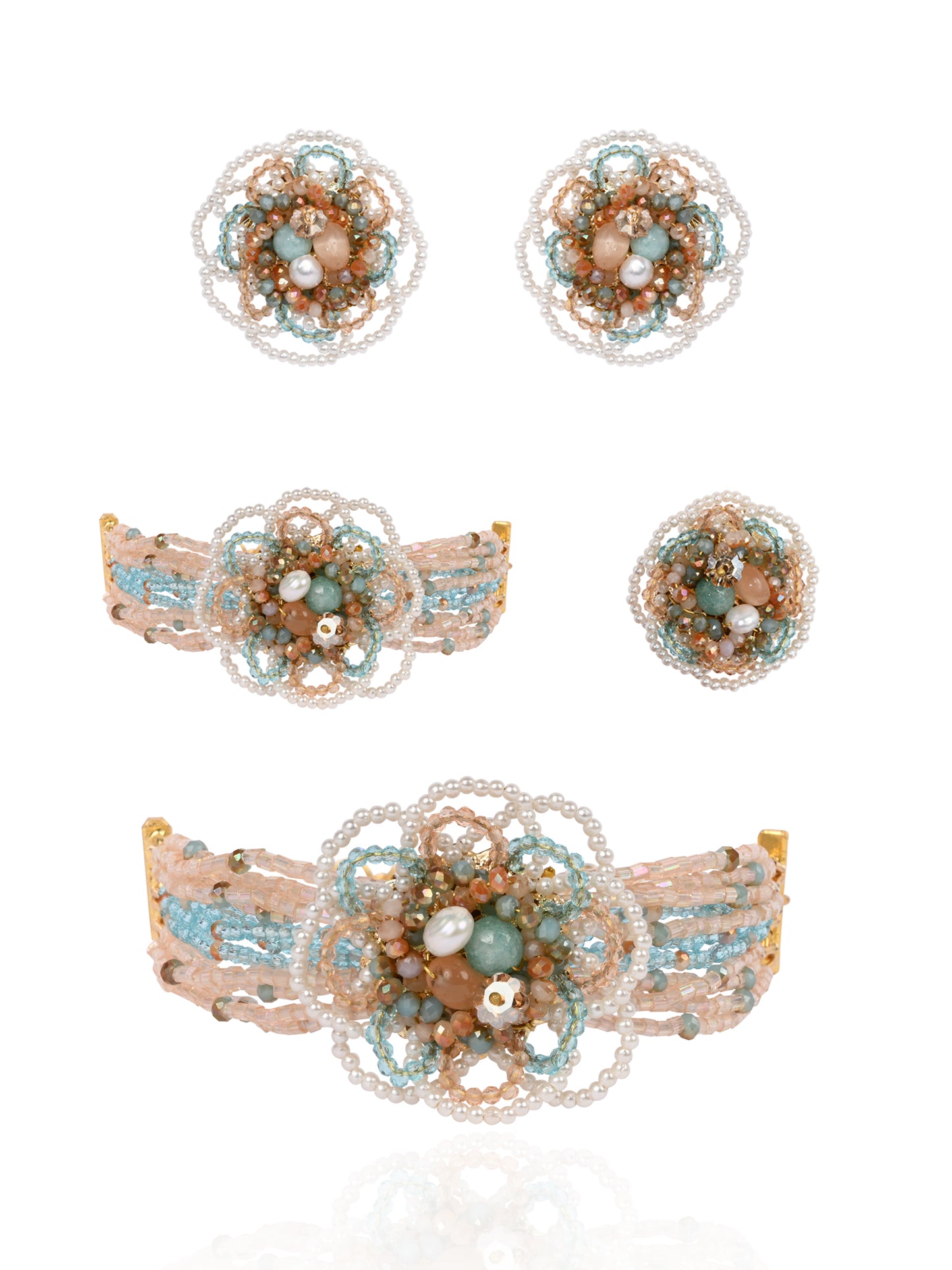 Multicolour Flower Pearl Beaded Stone Choker Earrings Ring & Bracelet