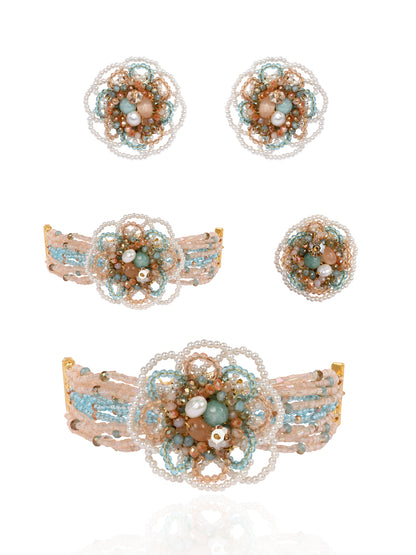 Multicolour Flower Pearl Beaded Stone Choker Earrings Ring & Bracelet