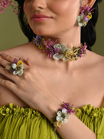 Colourful Crystal Classic Floral Choker Set Of 4 Gold Plated