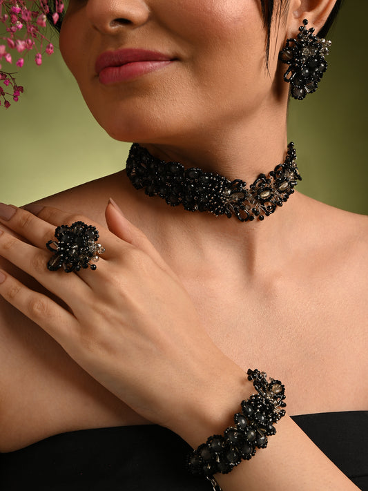 Jet Black Stone Crytal Silver Plated Cocktail Choker Necklace Set Of 4