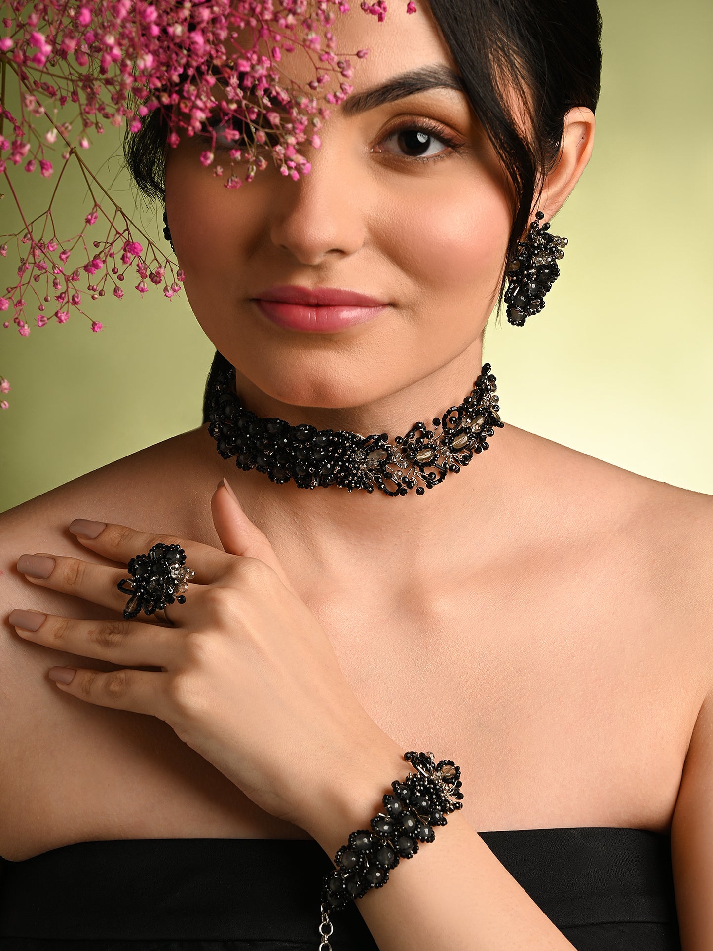 Jet Black Stone Crytal Silver Plated Cocktail Choker Necklace Set Of 4