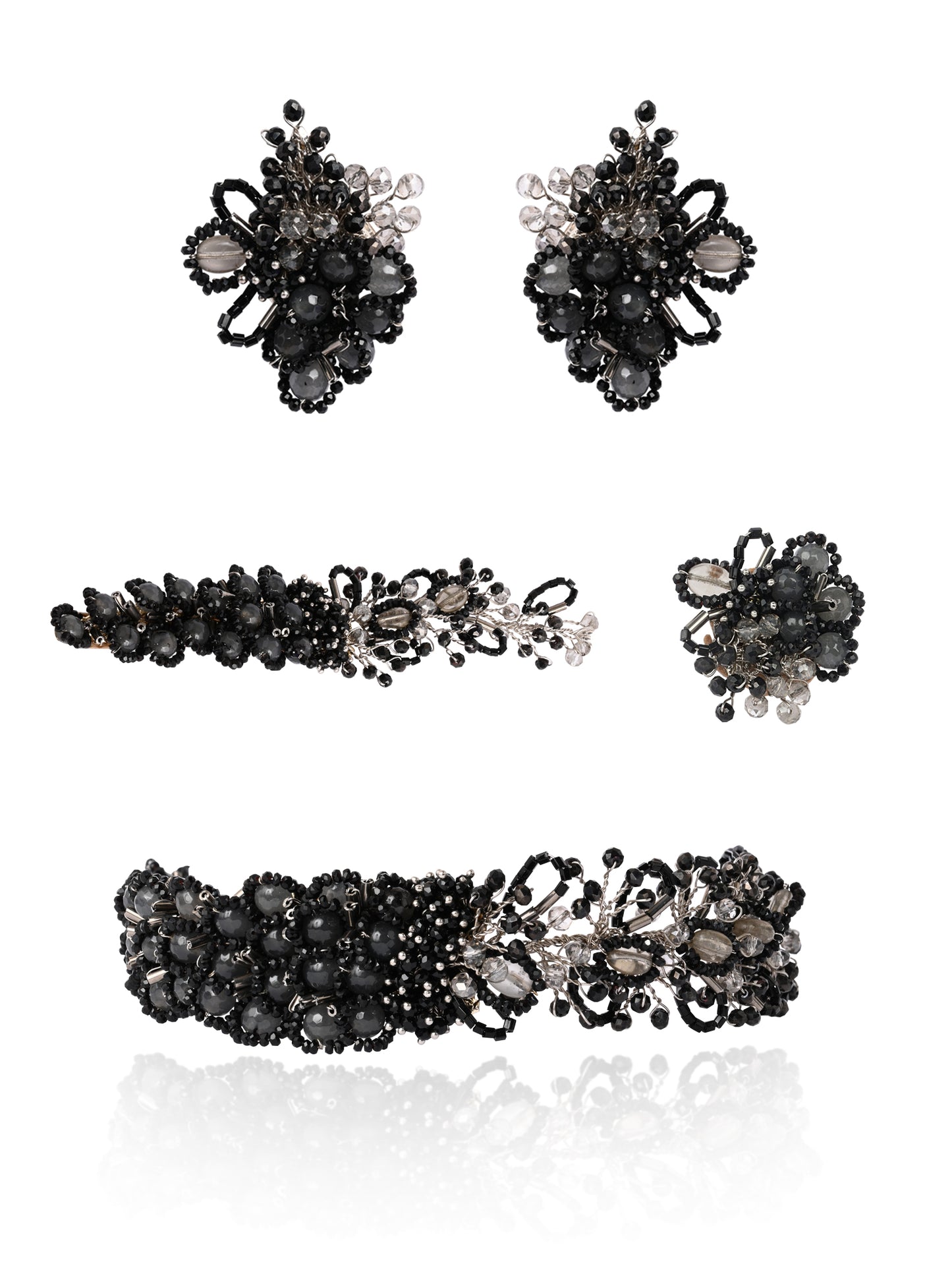 Jet Black Stone Crytal Silver Plated Cocktail Choker Necklace Set Of 4