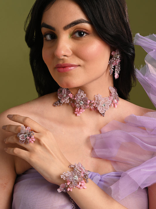 Pink Lilac Stone Floral Classic Choker Set Of 4 Carnival Jewelry
