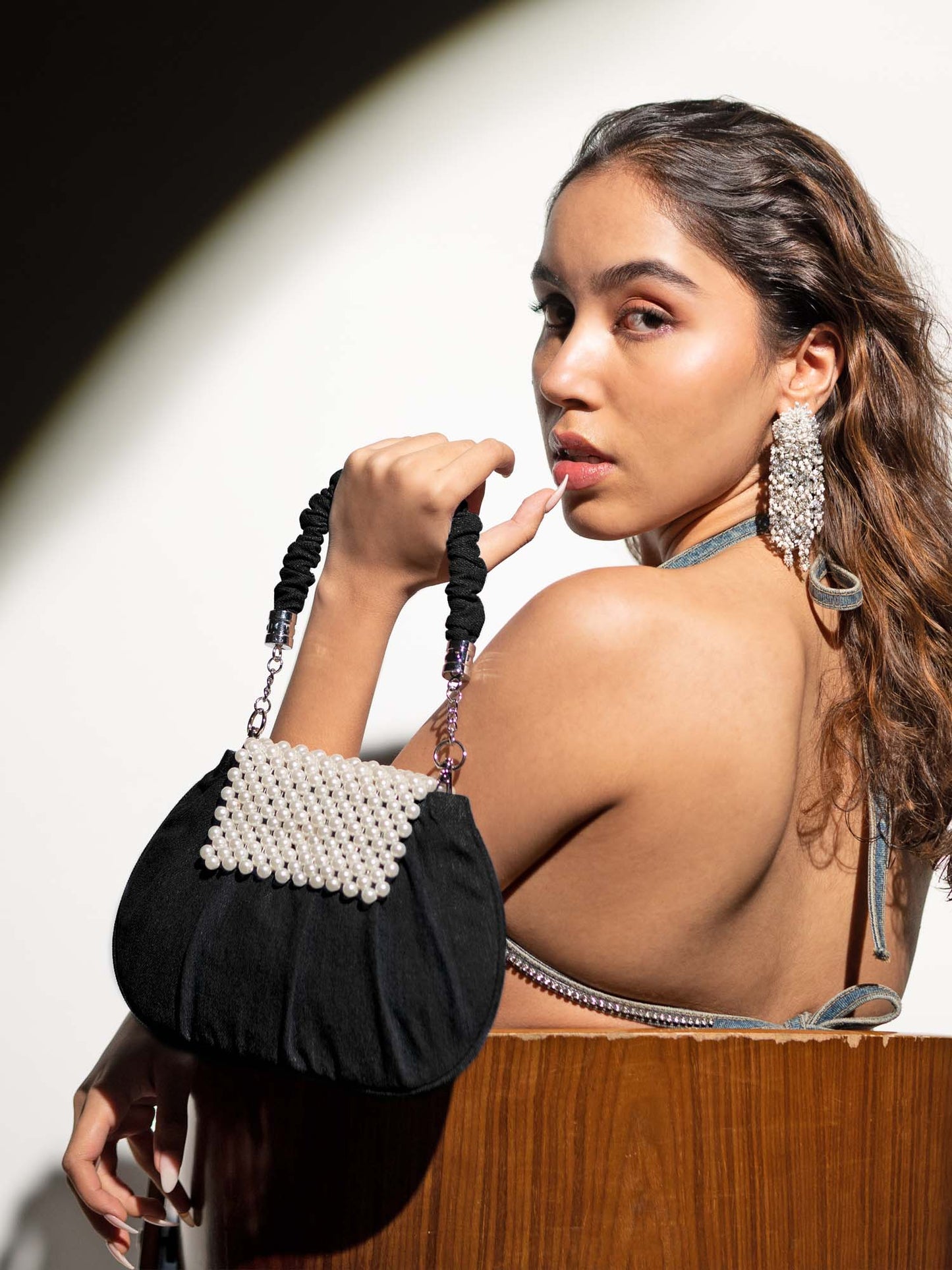 Denim Pearl Wrist Bag - Black