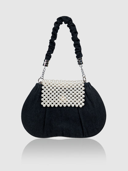 Denim Pearl Wrist Bag - Black