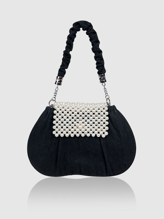 Denim Pearl Wrist Bag - Black