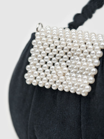Denim Pearl Wrist Bag - Black