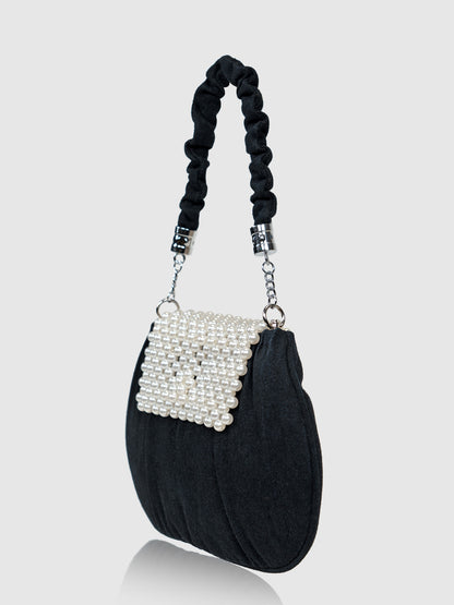 Denim Pearl Wrist Bag - Black