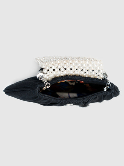 Denim Pearl Wrist Bag - Black