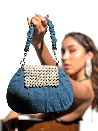 Denim Pearl Wrist Bag - Blue