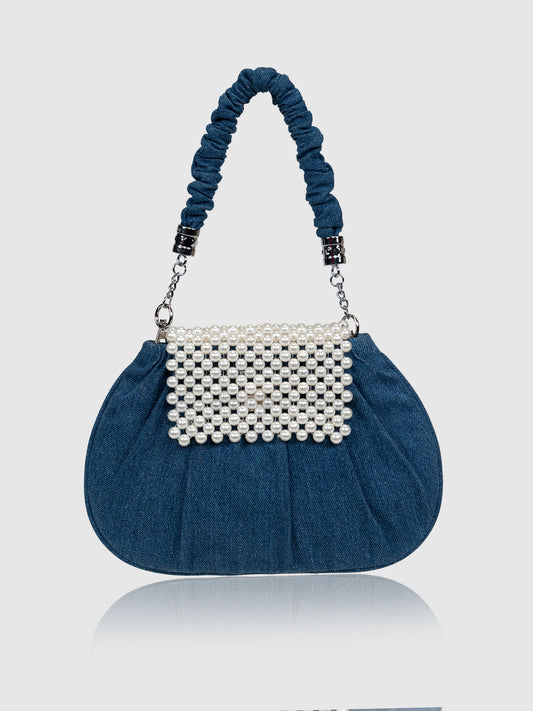 Denim Pearl Wrist Bag - Blue