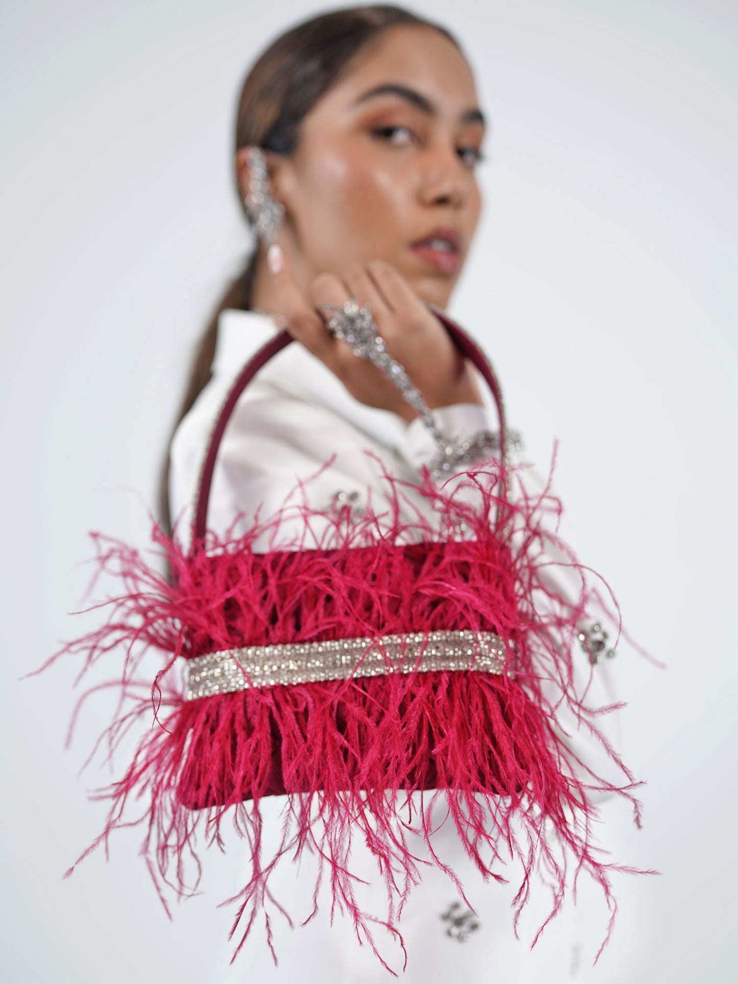 Feather Panache Top Handle Bag - Pink