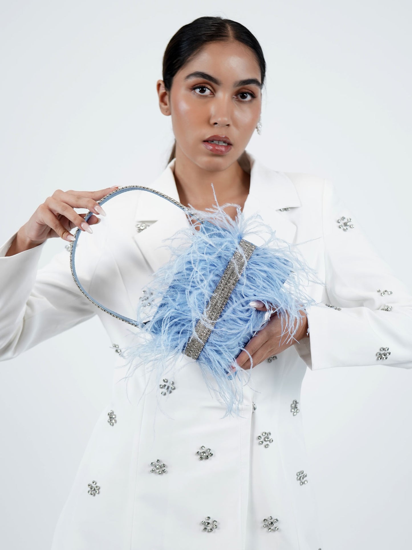 Feather Panache Top Handle Bag - Blue