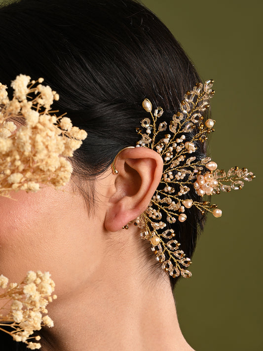 Peach Pearl Gold Plated Designer Ear Cuff For Haldi Mehendi Wedding