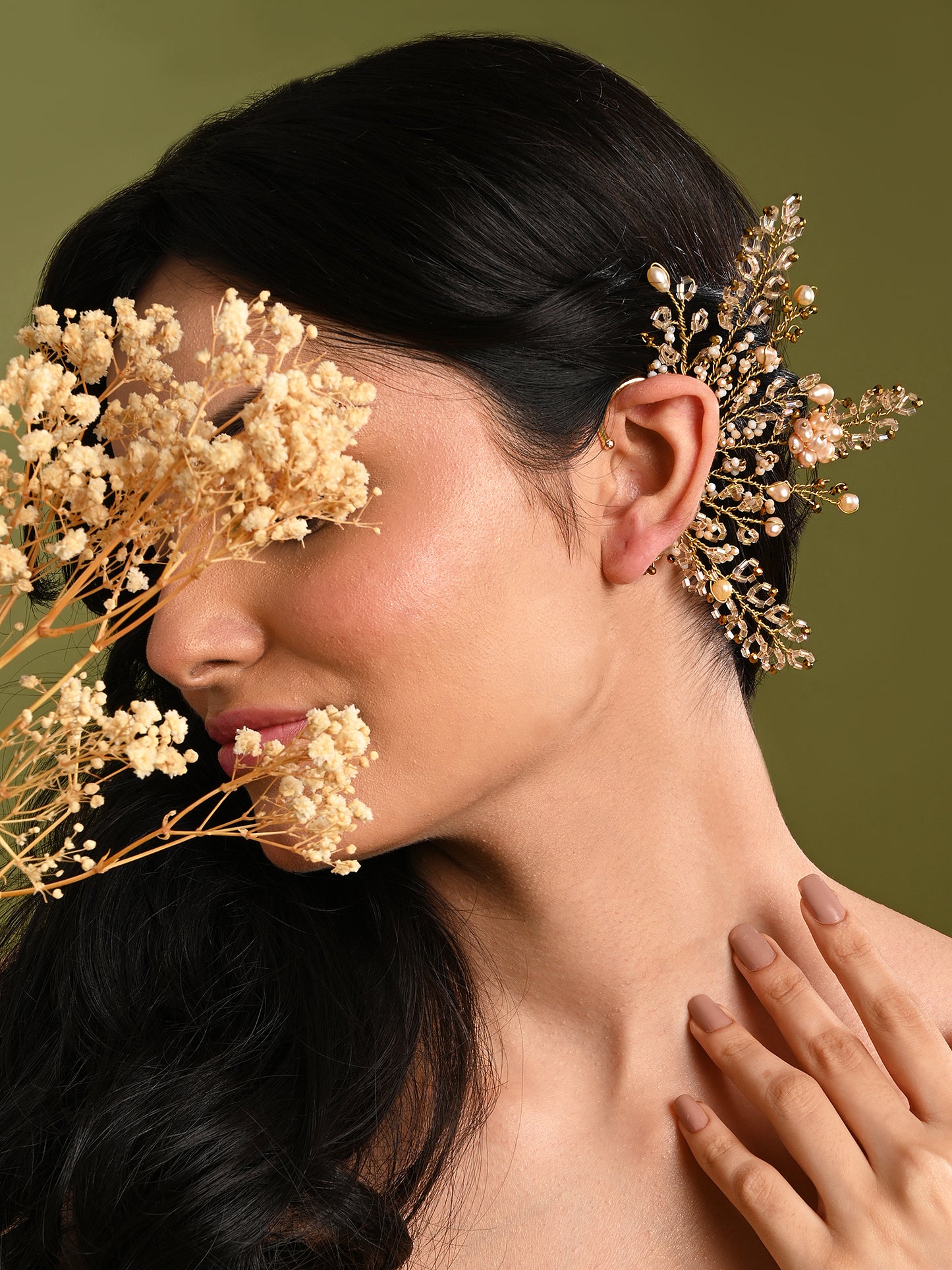 Peach Pearl Gold Plated Designer Ear Cuff For Haldi Mehendi Wedding