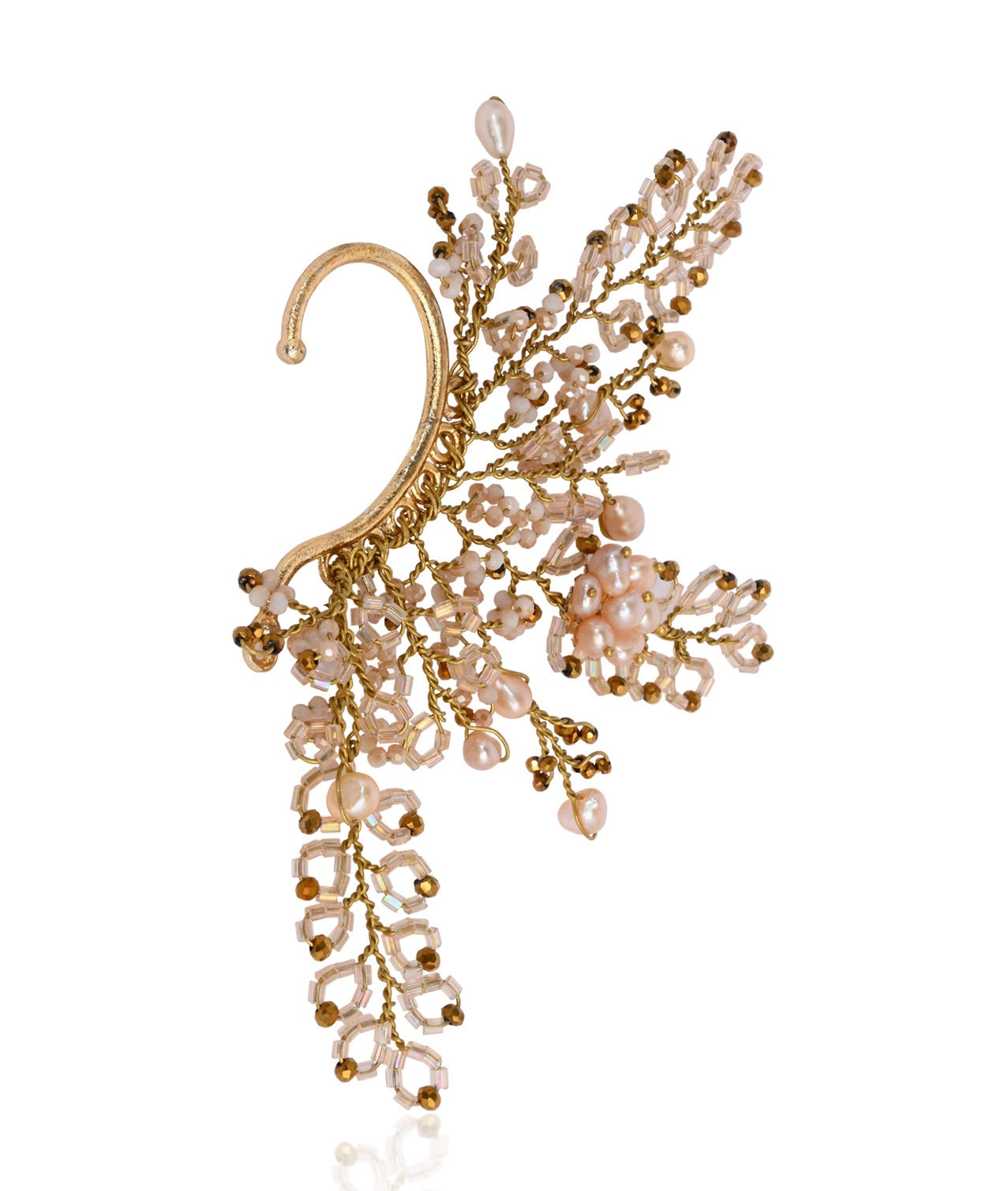 Peach Pearl Gold Plated Designer Ear Cuff For Haldi Mehendi Wedding