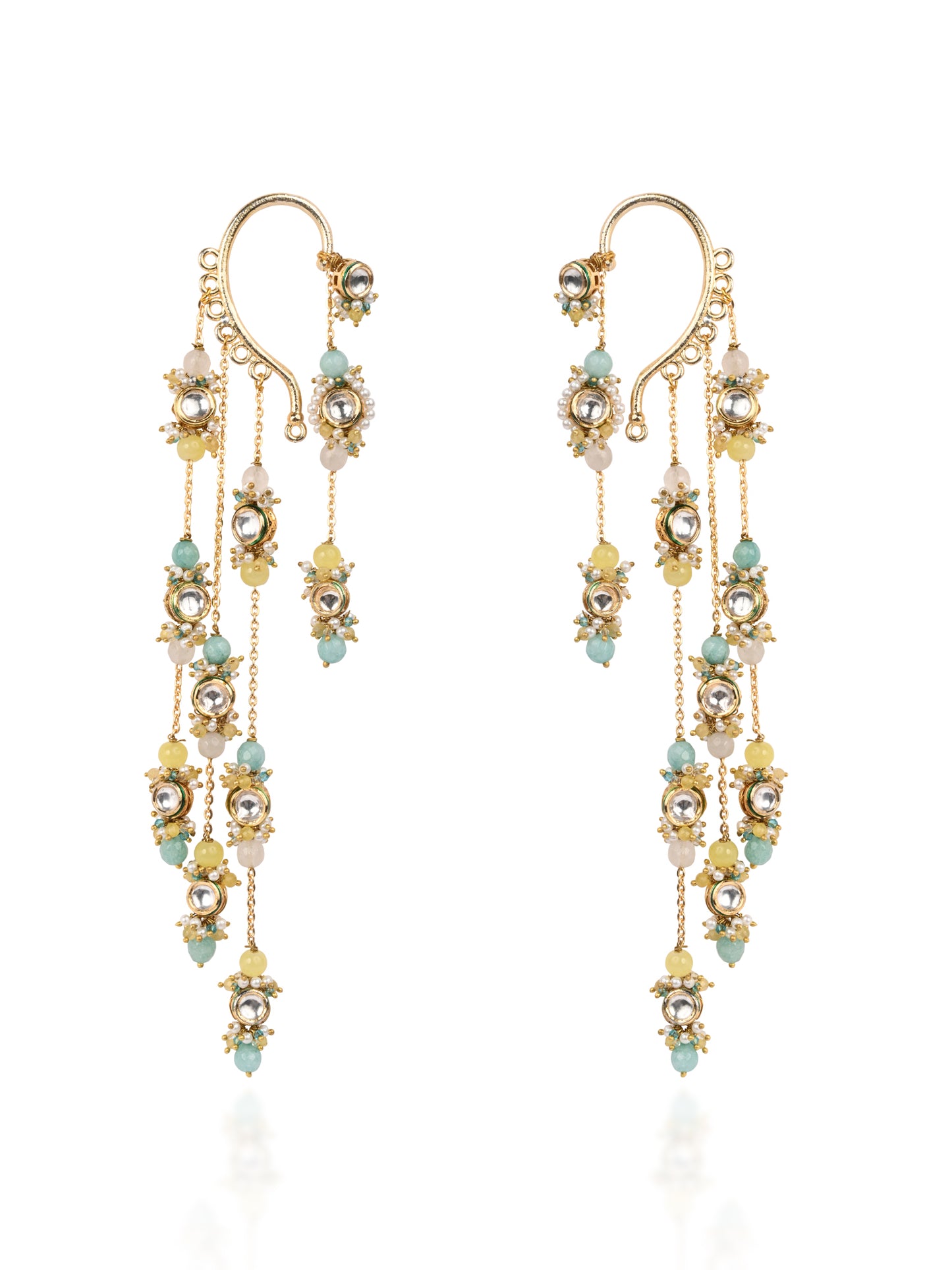 Gold Plated Kundan Layered Earcuff With Earrings Designed With Multi Colour Stores And Light In Weight Bold Look Contemporary Style