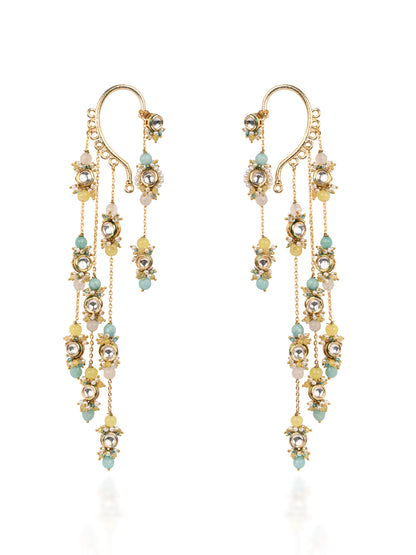Gold Plated Kundan Layered Earcuff With Earrings Designed With Multi Colour Stores And Light In Weight Bold Look Contemporary Style