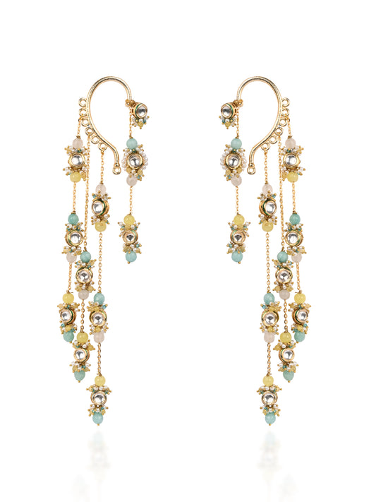 Gold Plated Kundan Layered Earcuff With Earrings Designed With Multi Colour Stores And Light In Weight Bold Look Contemporary Style