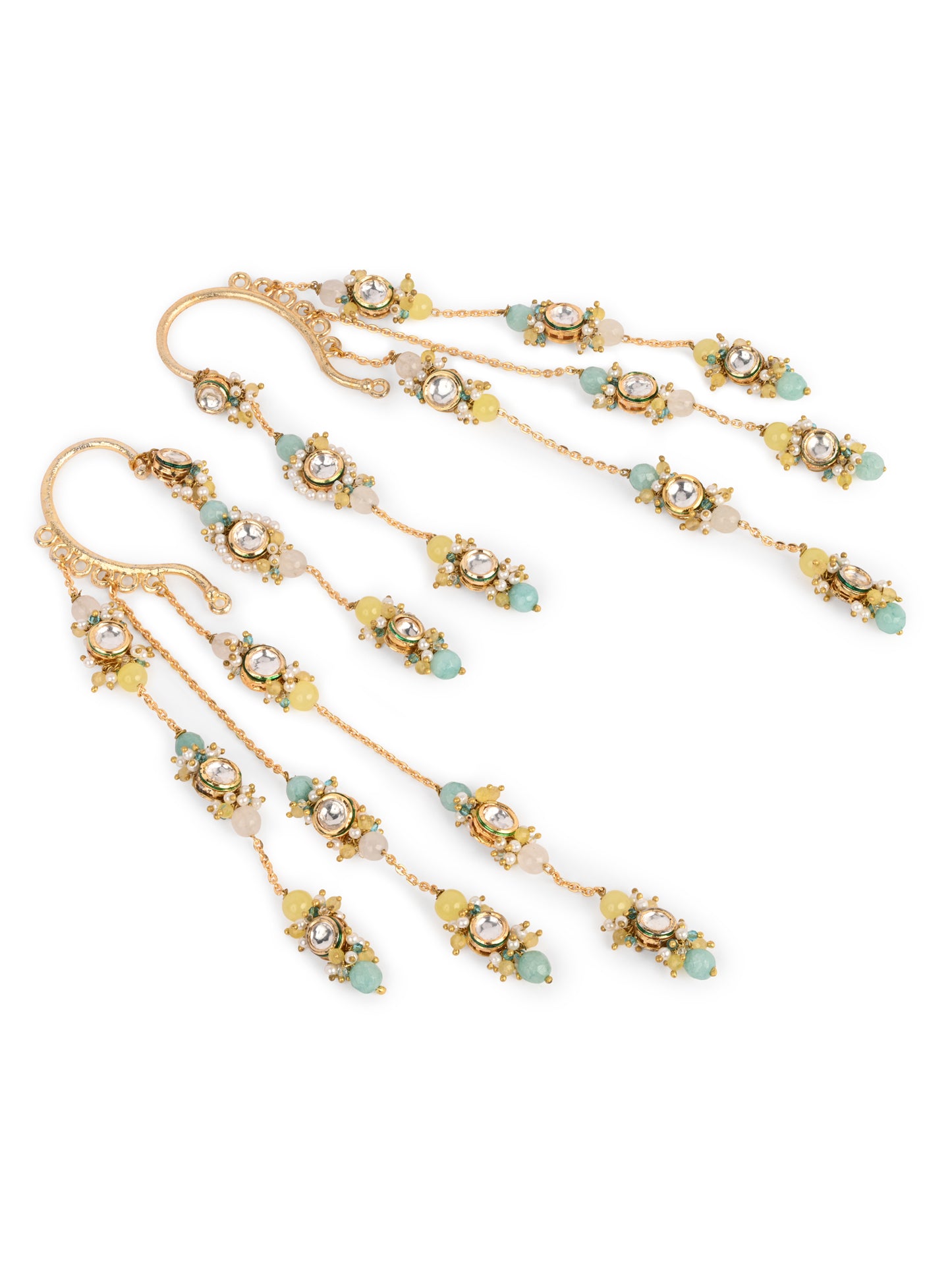 Gold Plated Kundan Layered Earcuff With Earrings Designed With Multi Colour Stores And Light In Weight Bold Look Contemporary Style