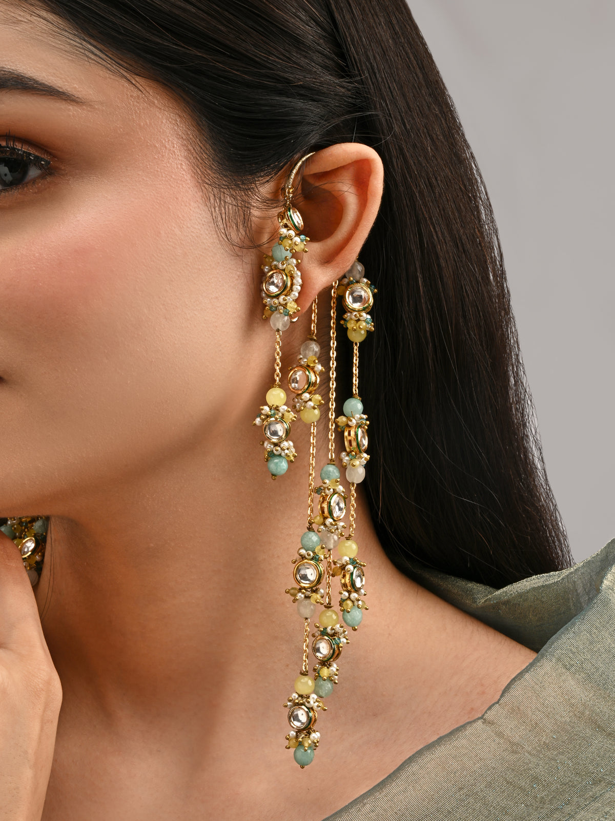 Gold Plated Kundan Layered Earcuff With Earrings Designed With Multi Colour Stores And Light In Weight Bold Look Contemporary Style
