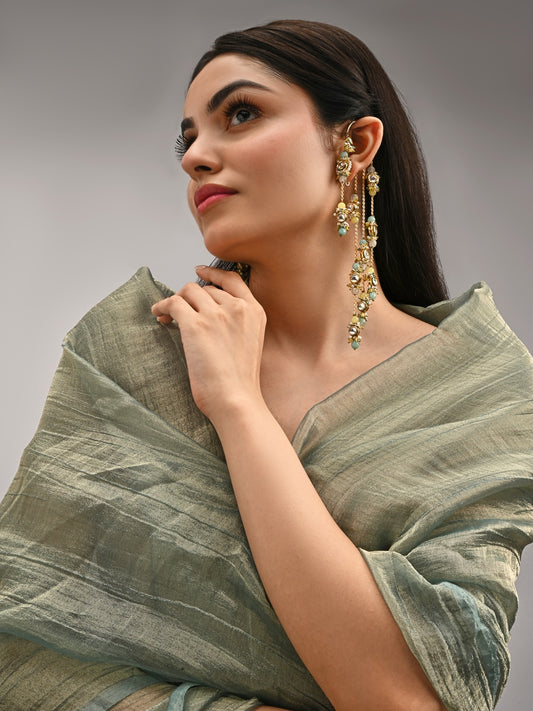 Gold Plated Kundan Layered Earcuff With Earrings Designed With Multi Colour Stores And Light In Weight Bold Look Contemporary Style