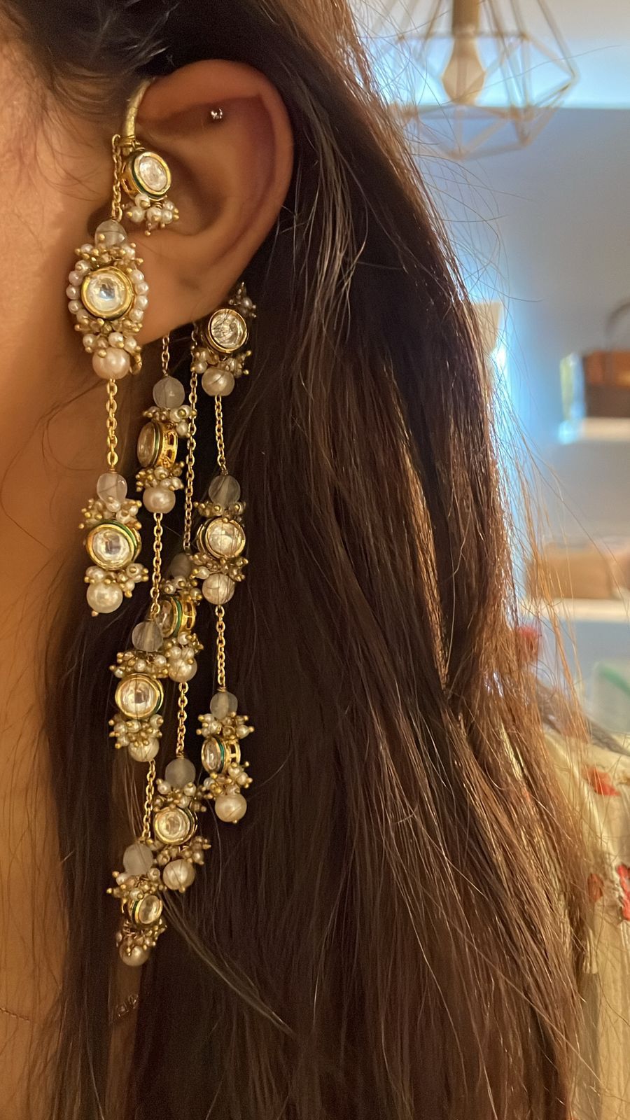 Gold Plated Kundan Layered Earcuff With Earrings Designed With White Colour Semi-Precious Stones And Light In Weight Bold Look Contemporary Style