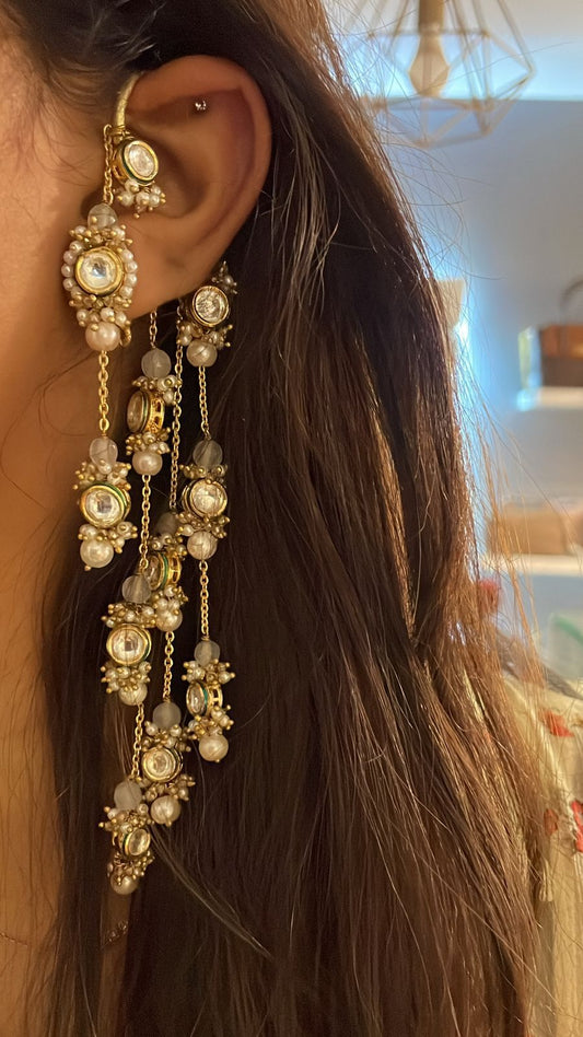 Gold Plated Kundan Layered Earcuff With Earrings Designed With White Colour Semi-Precious Stones And Light In Weight Bold Look Contemporary Style