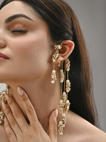 Gold Plated Kundan Layered Earcuff With Earrings Designed With White Colour Semi-Precious Stones And Light In Weight Bold Look Contemporary Style