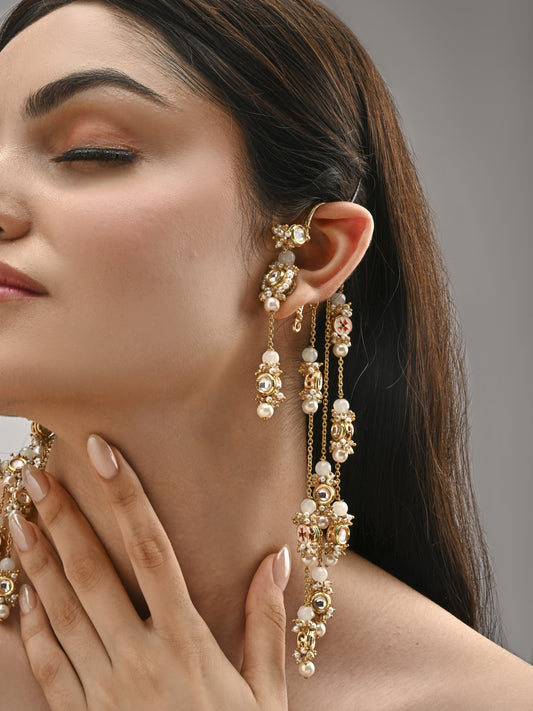 Gold Plated Kundan Layered Earcuff With Earrings Designed With White Colour Semi-Precious Stones And Light In Weight Bold Look Contemporary Style